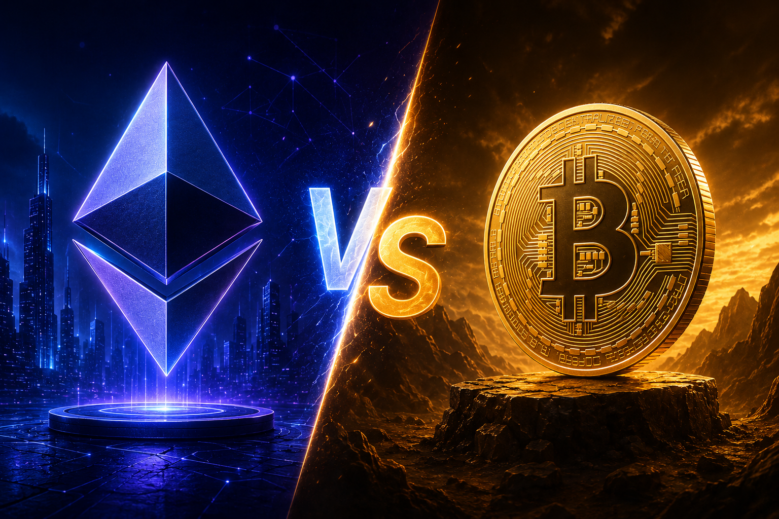Ethereum vs Bitcoin futuristic comparison image with glowing Ethereum and Bitcoin symbols separated by a dramatic VS effect.