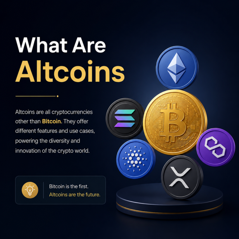 “What Are Altcoins” premium crypto infographic with Bitcoin and popular altcoins on a dark modern background.
