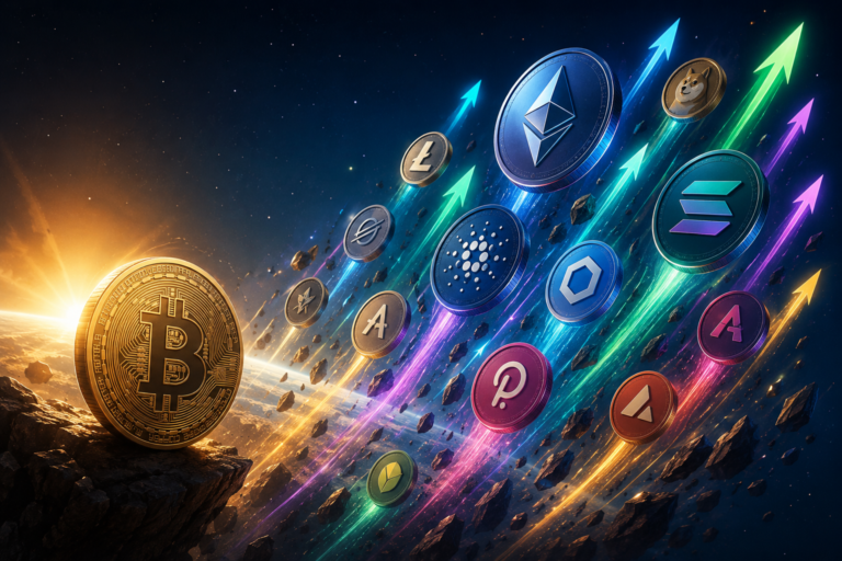 Altcoin Season Explained illustration showing multiple cryptocurrencies rising rapidly while Bitcoin stays in the background, symbolizing a bullish crypto market trend and altcoin rally.