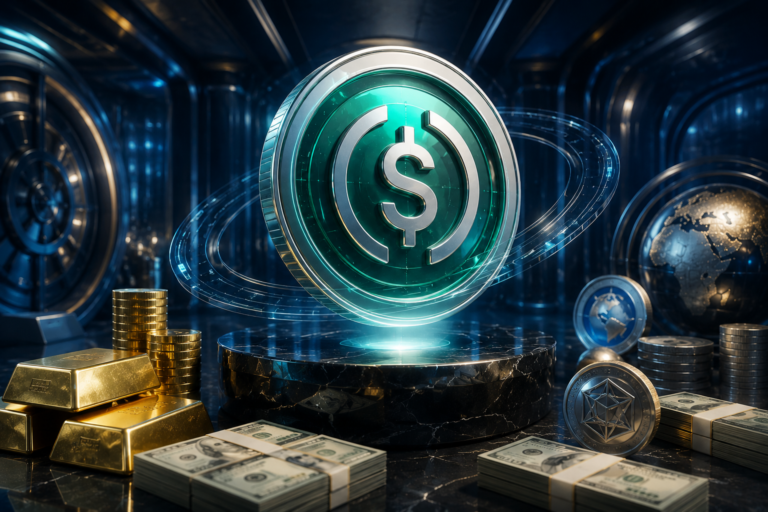 What Are Stablecoins – Luxury futuristic stablecoin digital coin with glowing fintech elements, gold bars, crypto assets, and cinematic blue neon lighting.