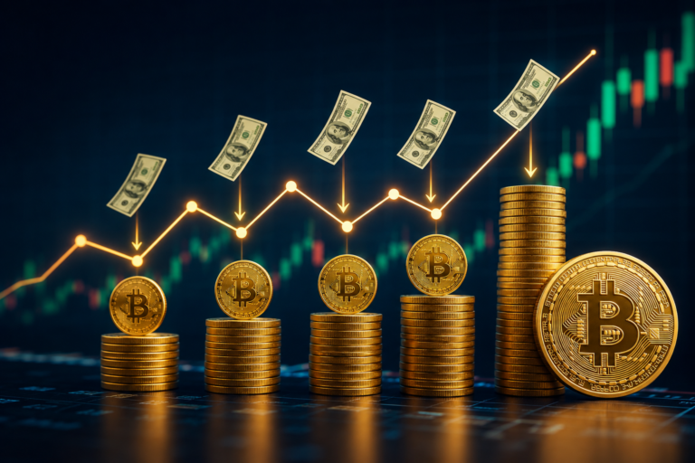 Dollar Cost Averaging Crypto illustration with Bitcoin stacks, dollar bills, and bullish market growth chart symbolizing long-term crypto investment strategy.