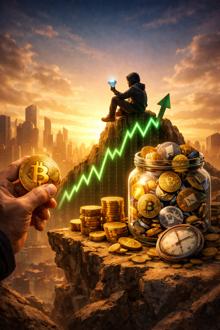 HODL Strategy Explained – Long-term Bitcoin holding concept with crypto coins, bullish market growth, futuristic finance background, and premium digital investment atmosphere.
