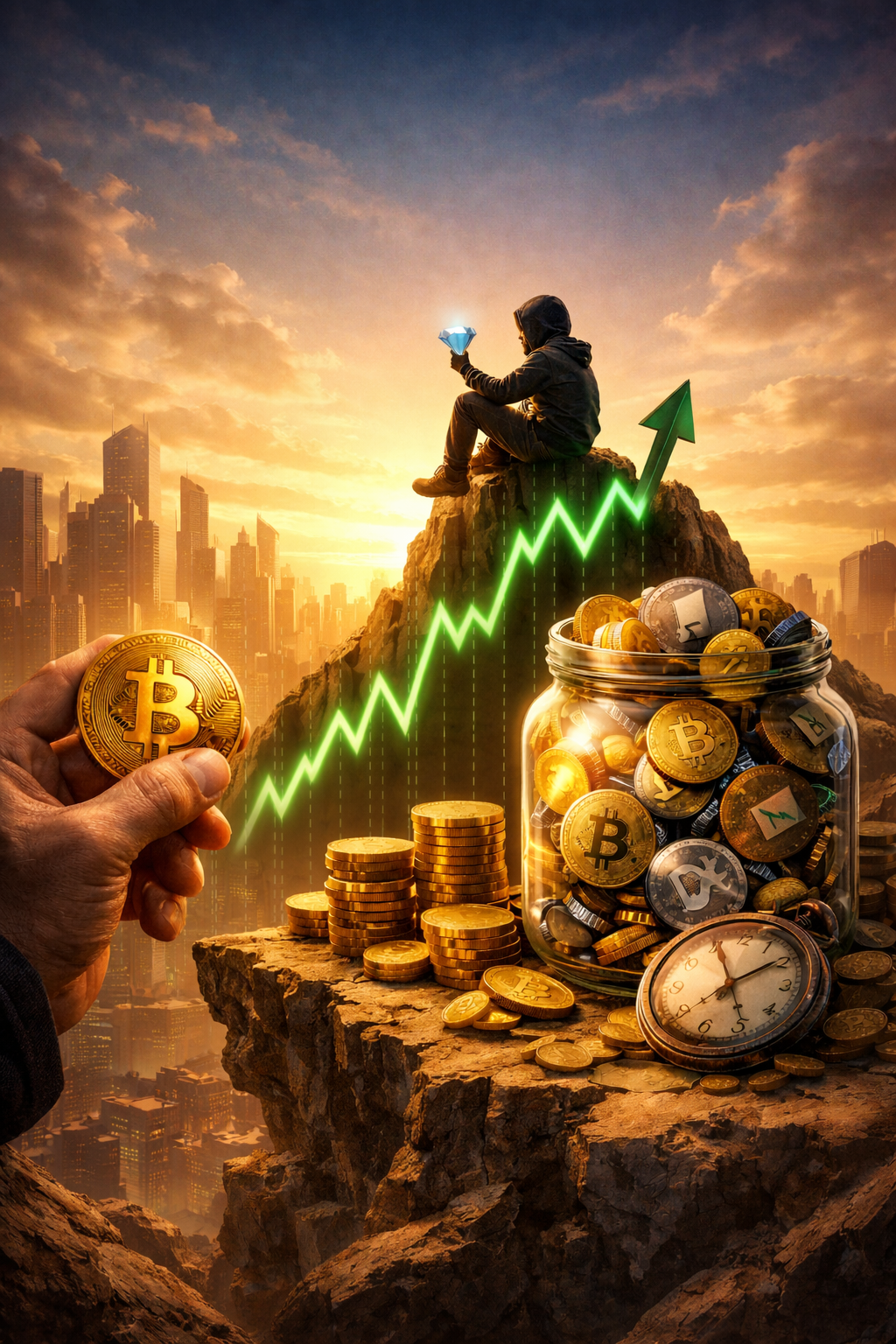 HODL Strategy Explained – Long-term Bitcoin holding concept with crypto coins, bullish market growth, futuristic finance background, and premium digital investment atmosphere.