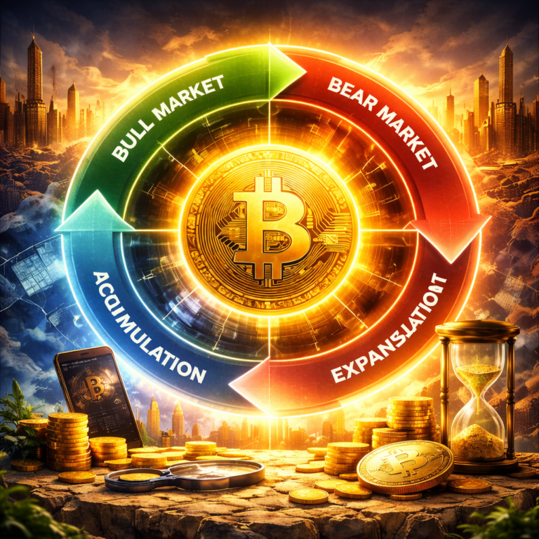Bitcoin Cycles Explained – Bitcoin market cycle concept with bullish and bearish crypto trends in a futuristic digital finance environment.