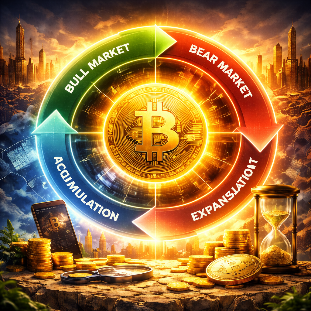 Bitcoin Cycles Explained – Bitcoin market cycle concept with bullish and bearish crypto trends in a futuristic digital finance environment.
