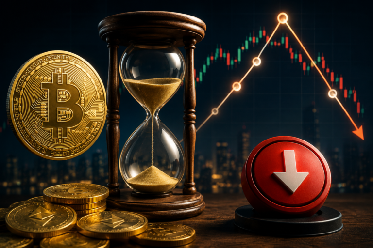 When to Sell Crypto concept with Bitcoin, market chart, and timing strategy visuals