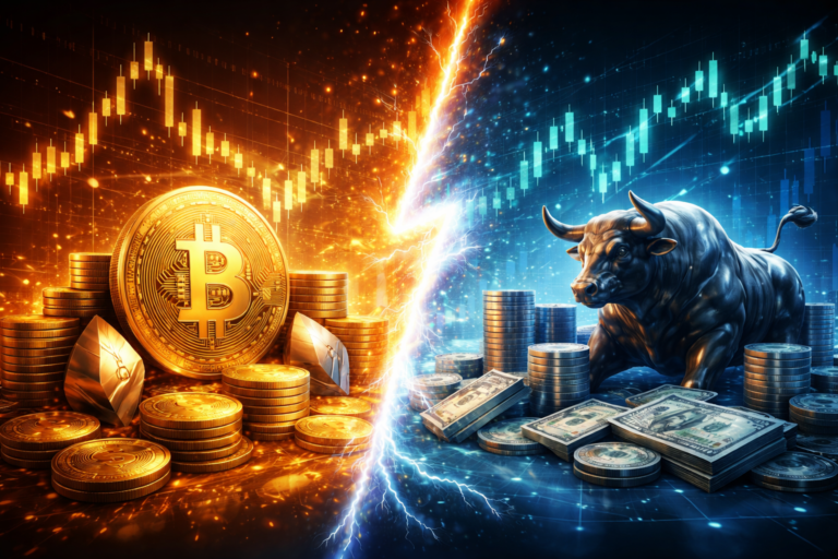Crypto vs Stocks concept with Bitcoin and stock market bull