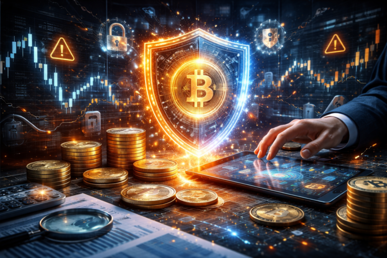 Crypto Risk Management dashboard with secure Bitcoin protection shield, cryptocurrency coins, market charts, cybersecurity elements, and digital investment risk analysis in a futuristic financial environment.