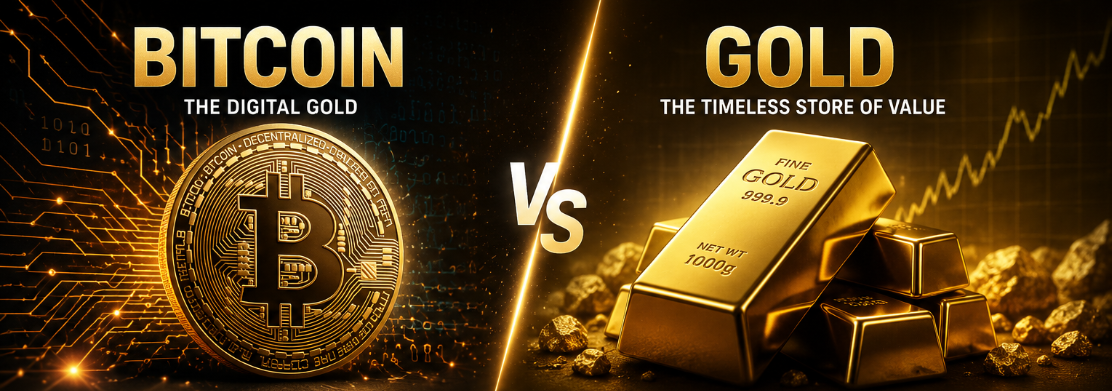 Bitcoin vs Gold cinematic comparison with digital Bitcoin coin and luxury gold bars in a futuristic financial theme.