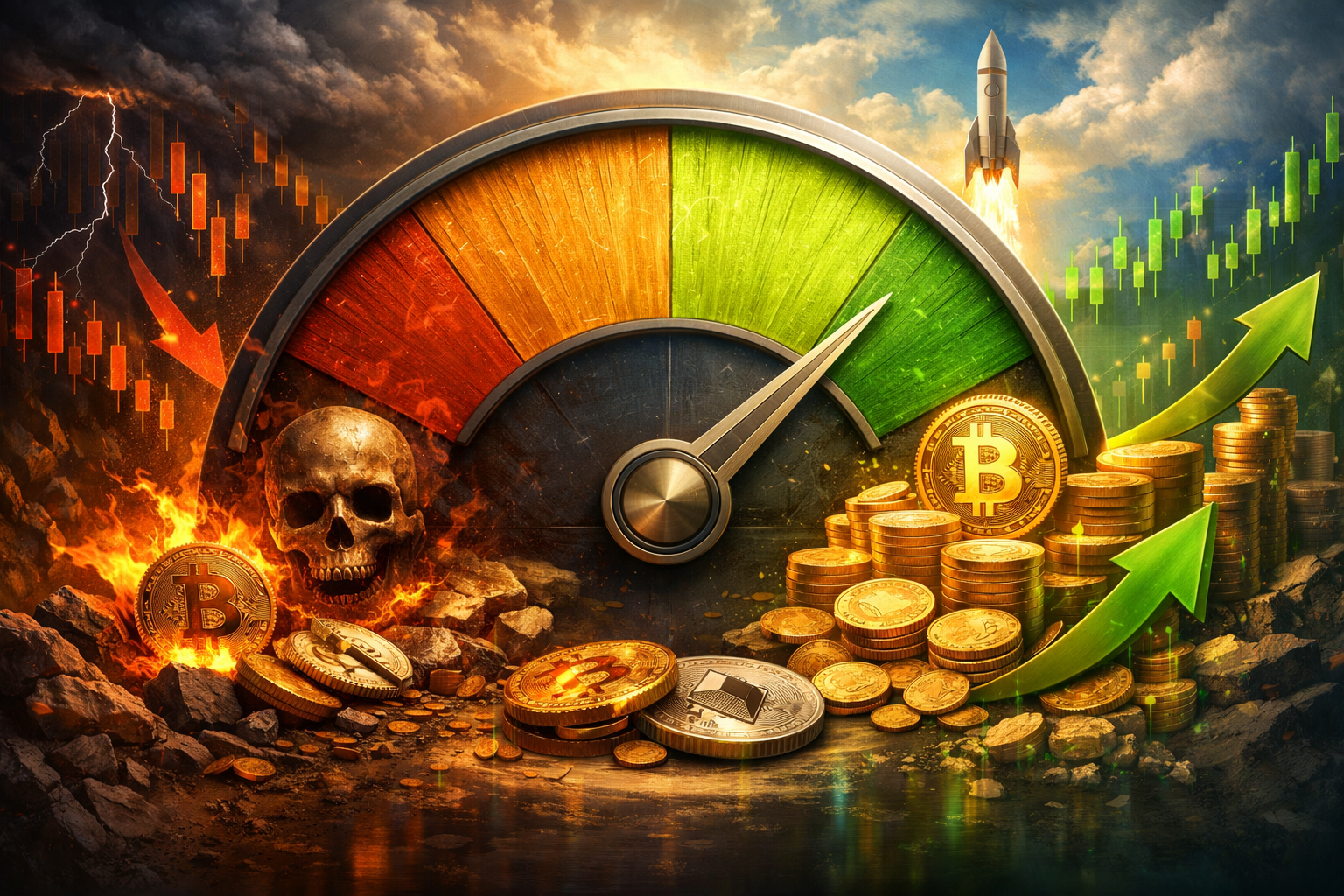 Crypto Fear and Greed Index visualization showing cryptocurrency market sentiment with a gauge indicator, Bitcoin coins, bullish growth trends, bearish market signals, and investor emotion analysis.