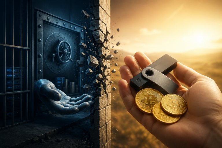 Self-Custody Explained: Why “Not Your Keys, Not Your Coins” Matters with a crypto hardware wallet and Bitcoin symbolizing secure cryptocurrency ownership.