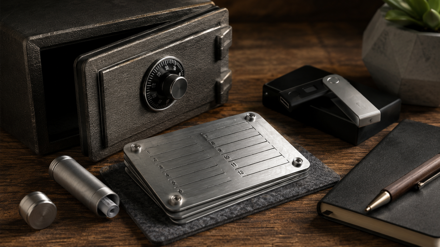 Seed Phrase Security: How to Store It So You Never Lose Crypto concept showing a secure crypto wallet backup with metal seed phrase storage, hardware wallet, and fireproof safe for cryptocurrency protection.