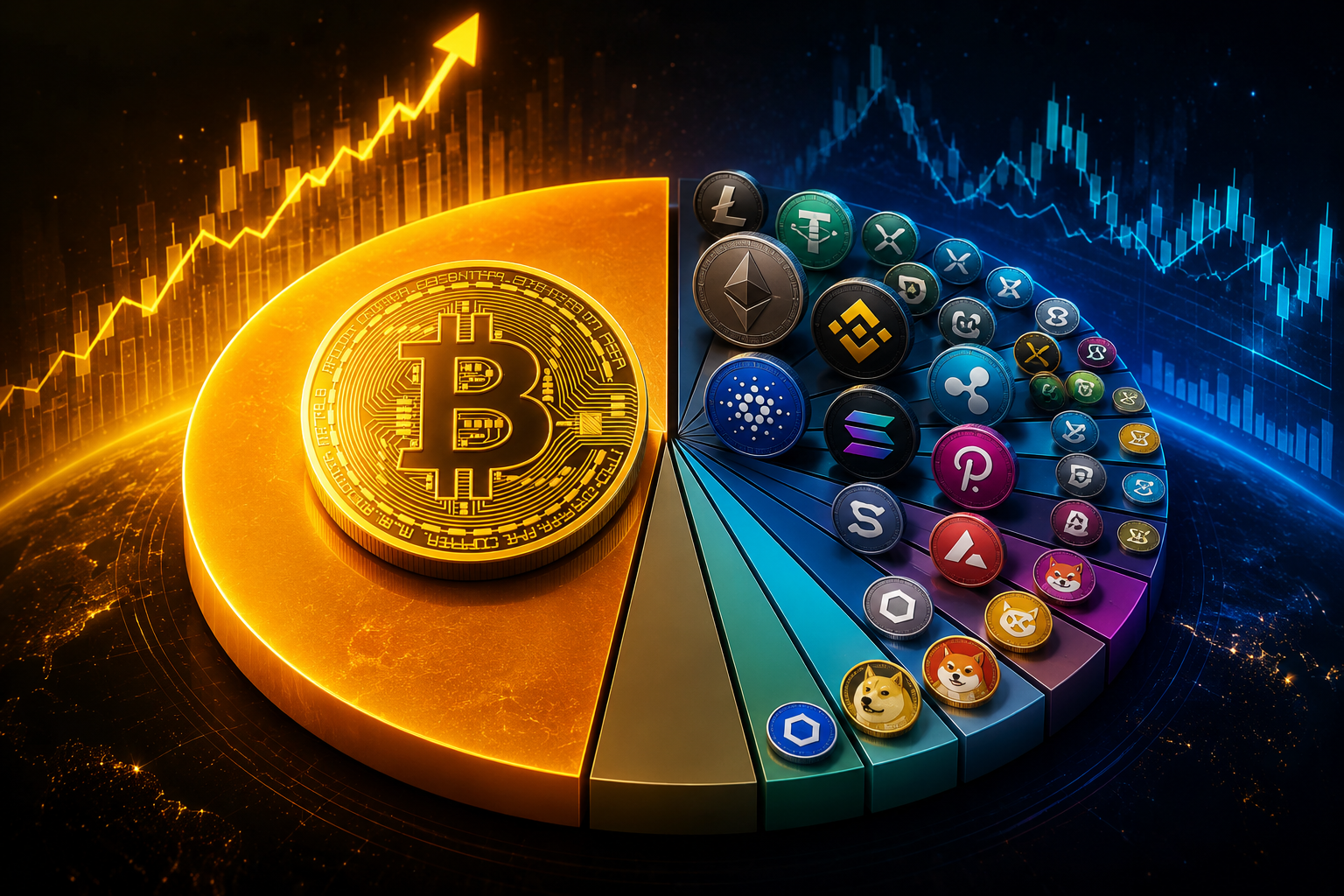 Bitcoin Dominance Explained with a large Bitcoin coin leading the cryptocurrency market while altcoins appear in the background.