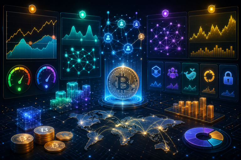 On-Chain Indicators dashboard showing blockchain analytics, crypto market metrics, network activity charts, and Bitcoin data visualization.