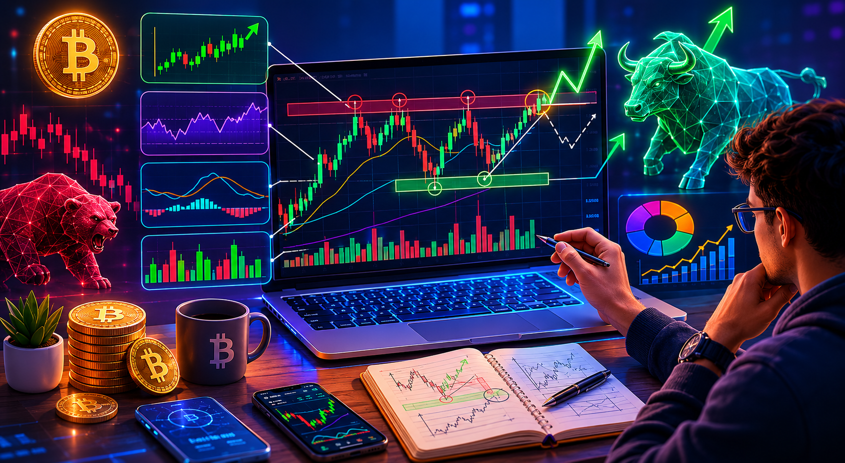 How to Read Crypto Charts with candlestick patterns, trend analysis, support and resistance levels, volume indicators, and cryptocurrency trading dashboard.