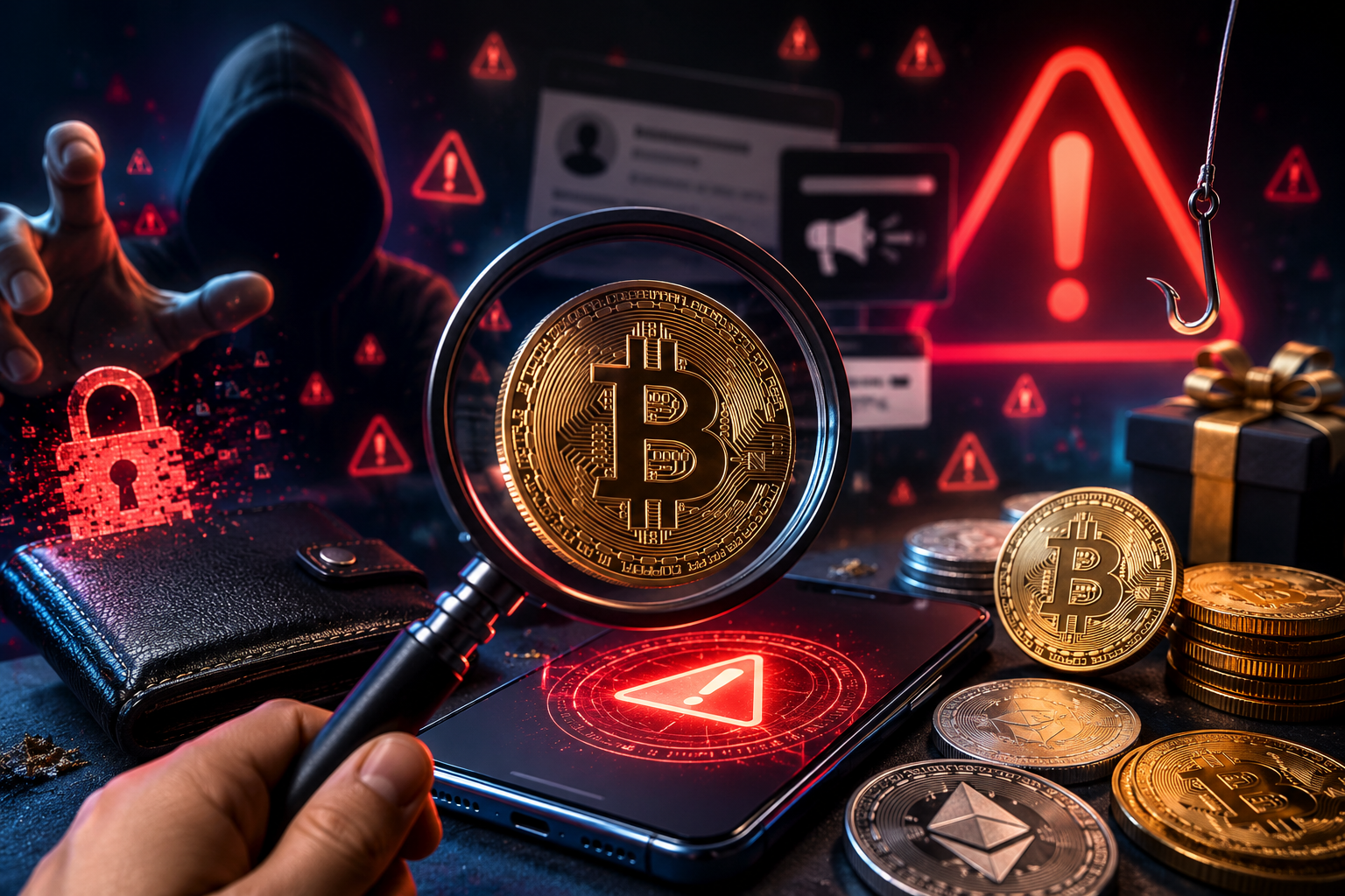 How to Spot Crypto Scams: 12 Red Flags Every Investor Misses illustrated with cryptocurrency coins, phishing warning signs, magnifying glass, and online fraud detection concept.
